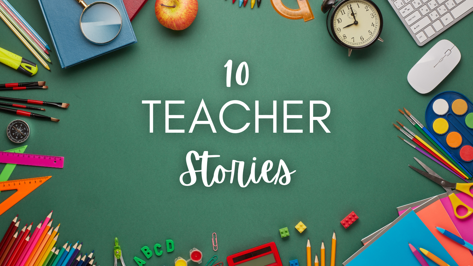 Image of pencils, apples, etc. with wording 