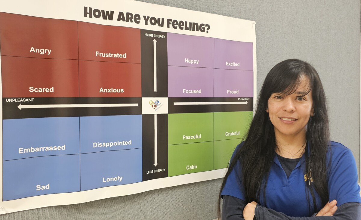 Image of author in front of a chart that helps determine and label how one is feeling.