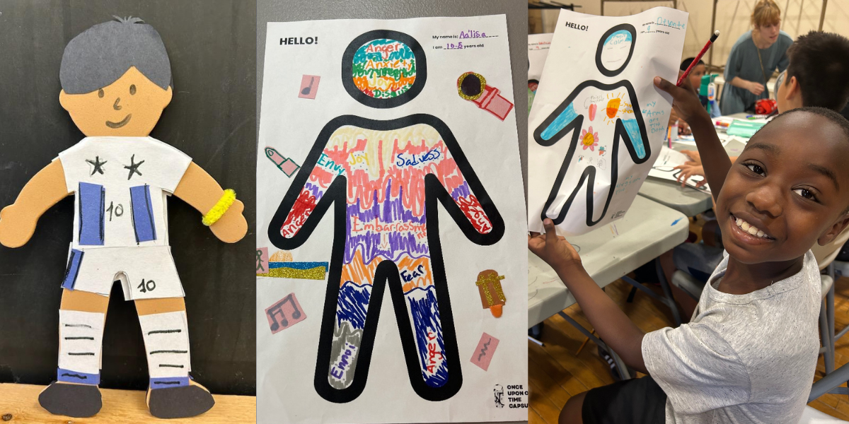 3 images: A foam doll as a self-portrait (a soccer player); A student with the outline of a "body map" which shows who he is and what he values; An additional body map option which shows the work more closely