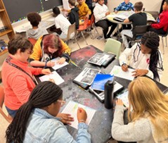 Three images: (1) children working together at a table; (2) Children standing in front of a mural; (3) Children shopping in a thrift shop.