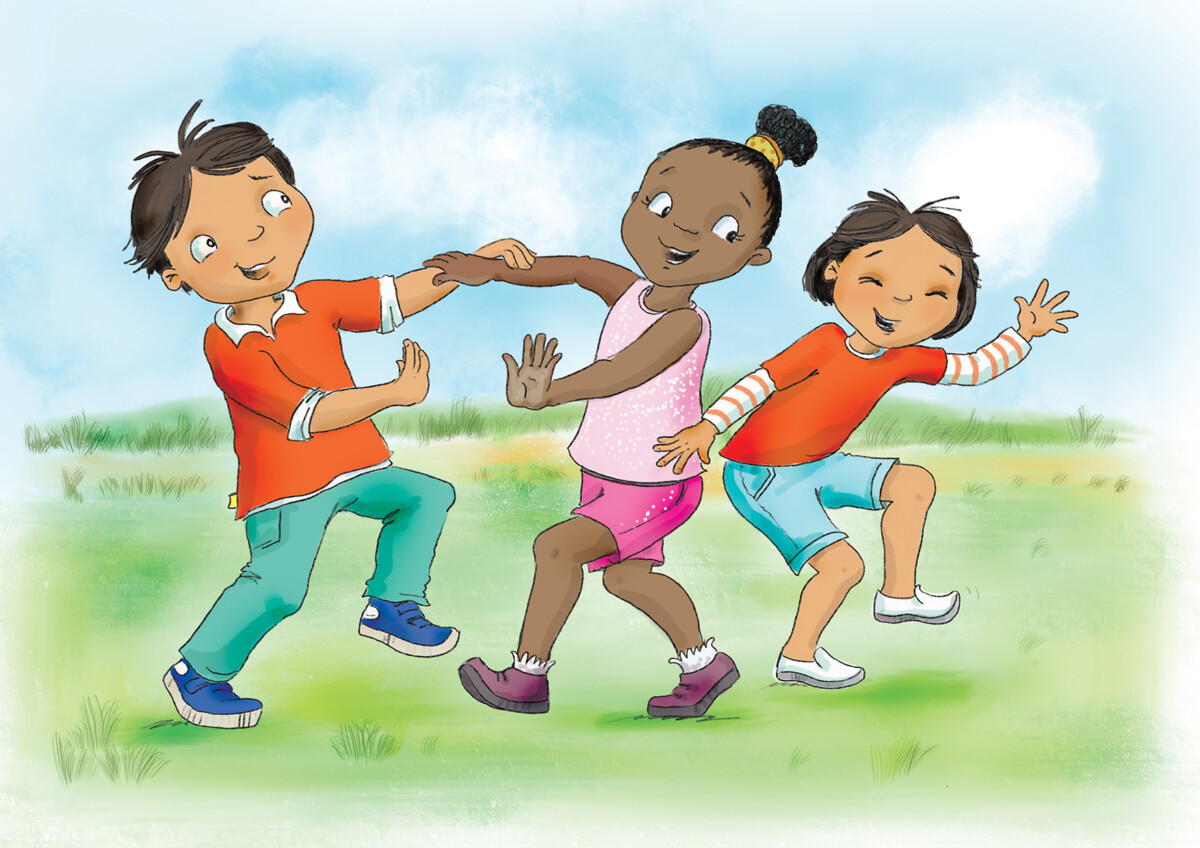 Illustration from the curriculum of a three students dancing on the grass 
