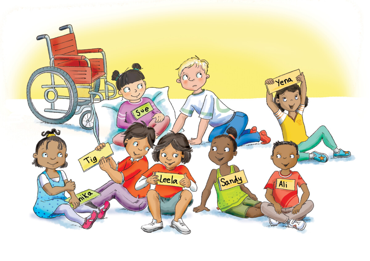 Illustration from the curriculum of a group of children sitting on the floor each holding signs of their names. One child sits on a pillow in front of an empty wheelchair.