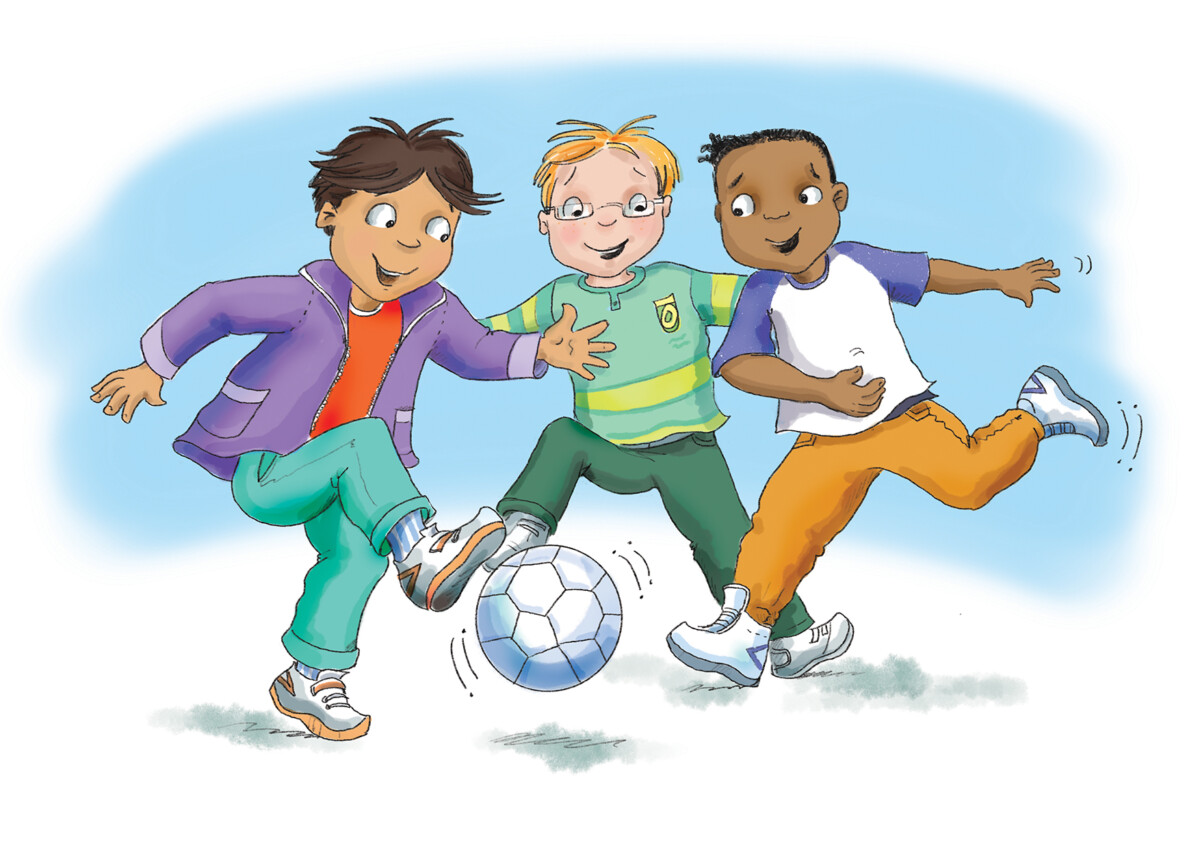 Illustration from the curriculum of a trio of boys playing soccer