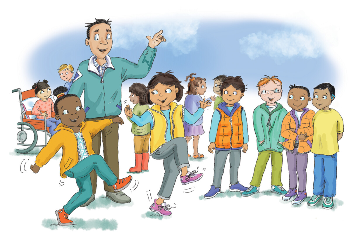 Illustration from the curriculum of a group of children playing on the playground with a teacher guiding them 