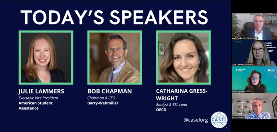 Screengrab of the webinar showing the featured speakers Julie Lammers, Bob Chapman, and Catharina Gress-Wright, as well as the host, Andy Tucker.